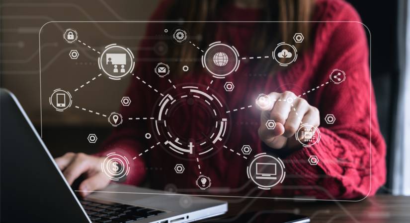 Business women working digital laptop computer in office with digital marketing media in virtual icon.